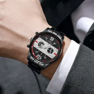 Men's business sport watch with black steel strap and three-eye quartz dial on wrist