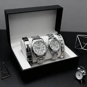 Silver stainless steel couple's watch and bracelet set in a black luxury gift box