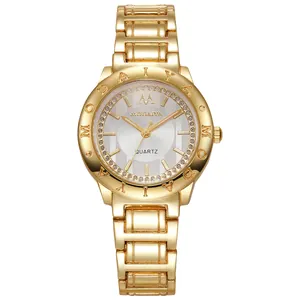 Detailed view of women quartz watch with crystal-set dial and golden metal link bracelet