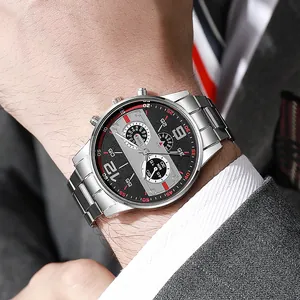 Men's business quartz watch with silver steel strap and multi-dial chronograph display