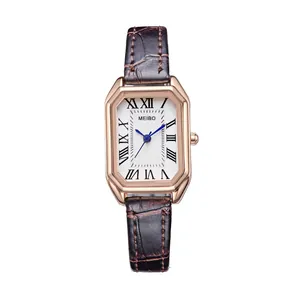 Women's rose gold rectangular watch with brown faux-crocodile strap and blue hands