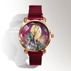 Women's rose gold watch with burgundy milanese band and fantasy castle dial artwork