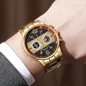 Men's fashion business quartz watch with gold steel strap and black textured chronograph dial