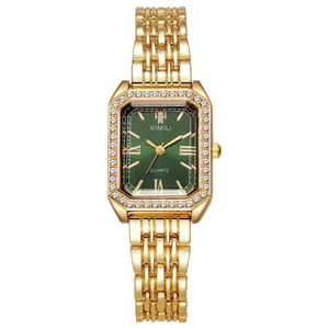 Elegant gold square watch for women with emerald green dial and rhinestone bezel decoration