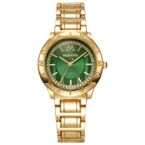 Elegant women's gold quartz watch with a diamond-studded green dial and alloy bracelet