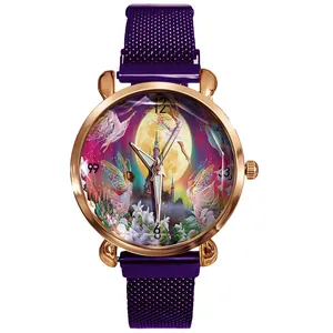 Women's rose gold quartz watch with purple magnetic Milanese strap and fairy castle dial