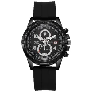 All-black men's quartz sports watch with silicone strap and functional chronograph dial