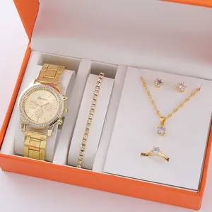 Set regalo lussuoso da 6 pezzi con orologio al quarzo dorato e gioielli in scatola arancione
