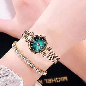 Montre femme élégante or rose avec cadran dégradé vert et bracelet tennis assorti