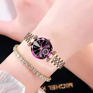 Montre à Quartz pour Femme Or Rose Et Bracelet en Strass Paire Avec Miroir en Verre Facetté Cadran Dégradé Bracelet en Acier Bijoux