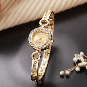 Women's Bracelet Watch Alloy Rhinestone Inlaid Four-Leaf Clover Hollow Band Quartz Analog Wrist Watch Fashion Jewelry Gift