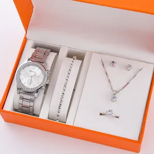 Set regalo da 5 pezzi con orologio al quarzo argento e gioielli coordinati
