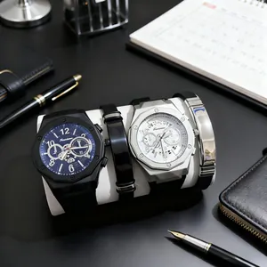 Men's business quartz watch set with silicone strap and metal bracelets in gift box