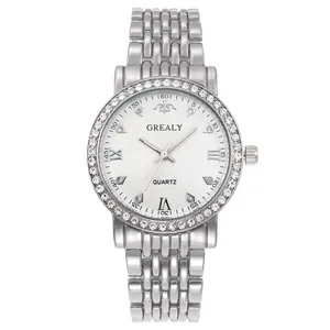 Silver quartz watch with crystal bezel and Roman numerals on white sunray dial