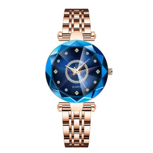 Starry Ocean luxury quartz watch for women with rose gold band and blue diamond cut dial