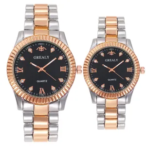 Matching couple quartz watches with two-tone steel bands and diamond-set black dials