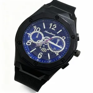 Men's business quartz watch with blue dial and black silicone strap on white background