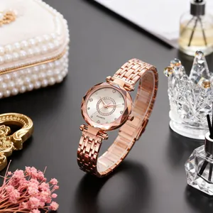 Elegant rose gold ocean star quartz watch with faceted glass and crystal dial for women