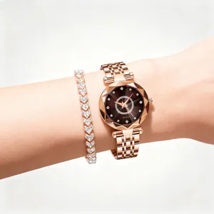 Elegant rose gold quartz watch and heart-shaped diamond bracelet set for women