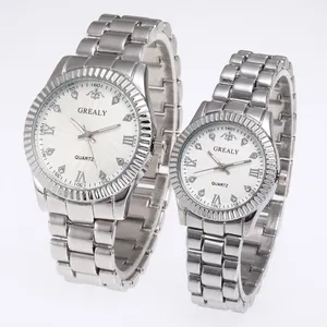 Luxury Rhinestone Couple Watch Set Men Women Quartz Analog Display Stainless Steel Alloy Metal Band Business Casual Wristwatch