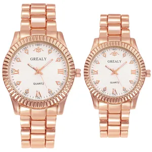 Rose gold couple watch set with quartz movement and crystal roman numeral dial