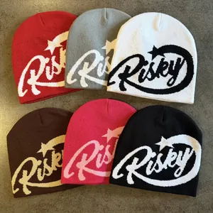 Hip hop knitted beanies in six colors with Risky letter and star jacquard patterns