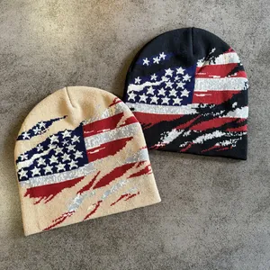 Knit beanie featuring American flag jacquard stars and stripes in beige and black