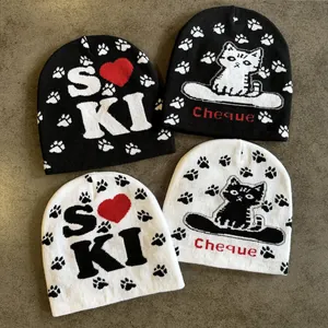 Cappello Beanie a Maglia Y2K Lettere SKI Cuore Donna Uomo Inverno Caldo Acrilico Impronta Zampa Gatto Skateboard Coppia
