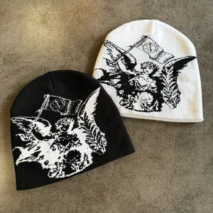 Y2K punk stijl gebreide mutsen met jacquard engel patroon in zwart en wit unisex