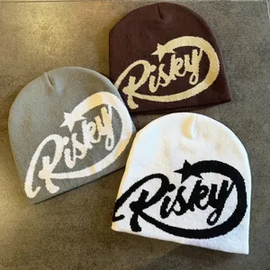 Hip hop jacquard knit beanie hats with Risky letter pattern in brown gray and white