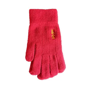 Red knit winter gloves with gold embroidery detail for windproof warmth and comfort