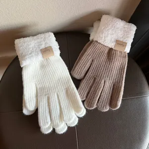 Winter knitted gloves in white and brown with warm faux fur cuffs for men and women