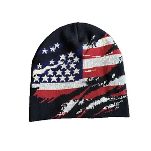 American flag jacquard knit beanie in black featuring distressed stars and stripes design