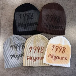Unisex Winter Knitted Beanie Hat Warm Acrylic Graffiti Pullover Cap 1998 Letter Spray Paint Streetwear Hip Hop Beanie For Men Women