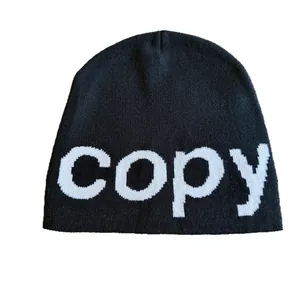 American style black knitted beanie with white jacquard copy letters for winter warmth