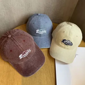 Retro washed cotton baseball caps with Boston embroidery in burgundy, blue and beige colors