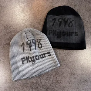 Winter rib-knit beanies in grey and black featuring 1998 PKyours graffiti print