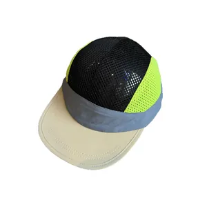 Breathable 5-panel mesh camp hat with neon yellow and black color blocking for outdoors
