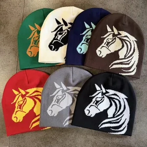 Horse Head Jacquard Knit Beanie Hat For Women Men Winter Warm Hip Hop Streetwear Acrylic Contrast Color Skull Cap