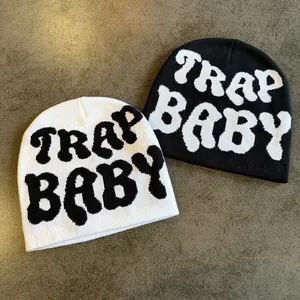 Hip hop style knitted beanie set in black and white with TRAP BABY jacquard pattern