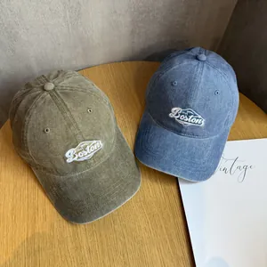 Vintage Boston letter embroidered cotton baseball caps in olive green and washed blue colors