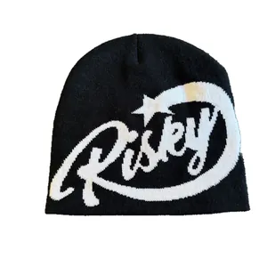 Hip hop black knit beanie with white Risky logo and star pattern for men and women