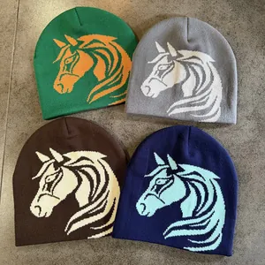 Winter knitted beanies with horse jacquard pattern in four colors for outdoor warmth