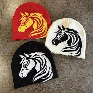 Knitted beanie with jacquard horse head pattern in assorted colors for winter