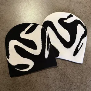 American Streetwear Black White Jacquard Knit Beanie Hat Hip Hop Punk Winter Warm Acrylic Breathable Cap For Men Women