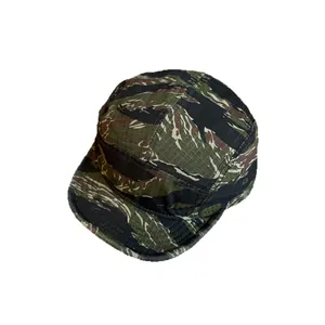 Tiger camo 5-panel camper hat in durable ripstop fabric with flat brim and metal eyelets