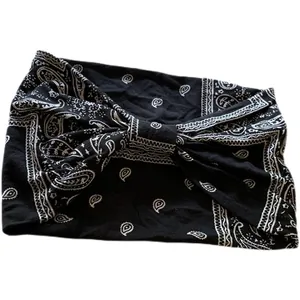 Bandeau large élastique à motif paisley noir pour le sport et le yoga style rétro