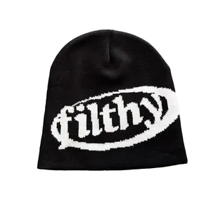 Black knit beanie with white Filthy jacquard lettering in a street hip-hop style
