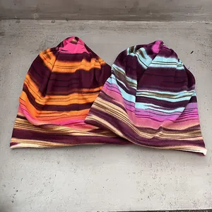 Colorful striped beanie hat for women, soft knit slouchy warm headwear for autumn winter