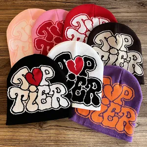 Unisex Winter Warm Acrylic Knit Beanie Hat Top Tier Jacquard Letter Pattern Heart Design Streetwear Casual Cold Cap